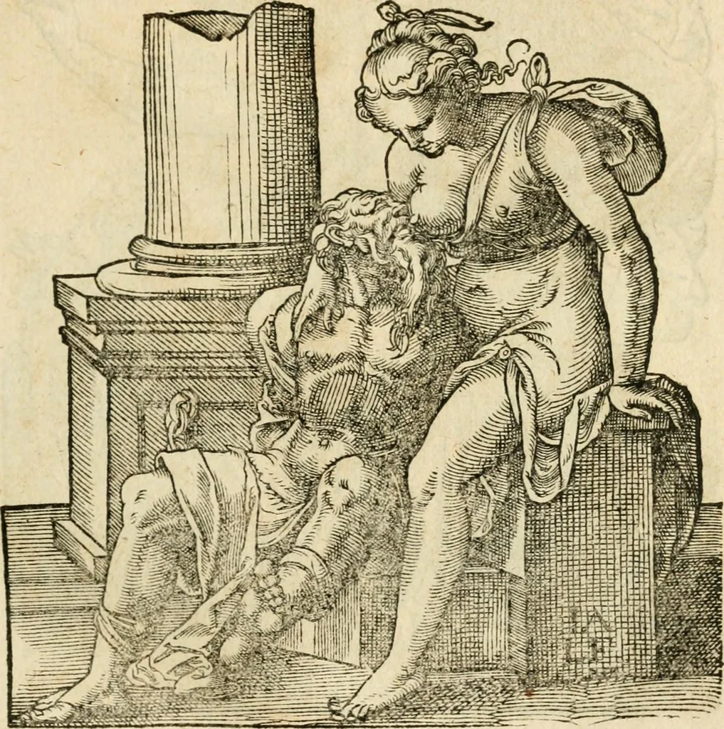An illustration from Kunstbüchlin : Darinnen neben Fürbildung vieler, geistlicher vnnd weltlicher, hohes vnd niderstands Personen, so dann auch der Türkischen Käyser derselben obersten allerhandt kunstreiche Stück vnnd Figuren : auch die sieben Planeten, zehen alter Rittmeister vnnd Befelchshaber, Reutern vnd Contrafactur der Pferde, allerlen Thurnier, Fechten vnd dann erliche Helm vnd Helmdecken begriffen : Alles auff das zierlicht vnd künstlichst gerissen, 1599, leaf 30