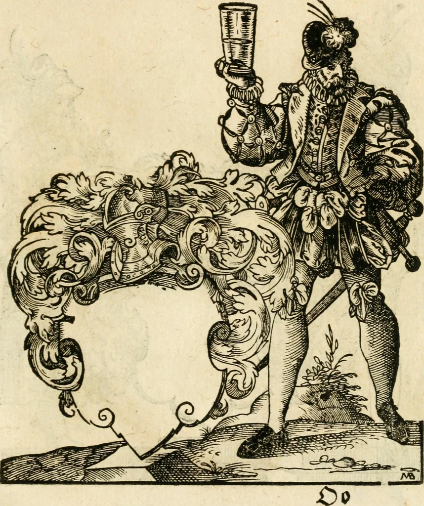 An illustration from Kunstbüchlin : Darinnen neben Fürbildung vieler, geistlicher vnnd weltlicher, hohes vnd niderstands Personen, so dann auch der Türkischen Käyser derselben obersten allerhandt kunstreiche Stück vnnd Figuren : auch die sieben Planeten, zehen alter Rittmeister vnnd Befelchshaber, Reutern vnd Contrafactur der Pferde, allerlen Thurnier, Fechten vnd dann erliche Helm vnd Helmdecken begriffen : Alles auff das zierlicht vnd künstlichst gerissen, 1599, leaf 300