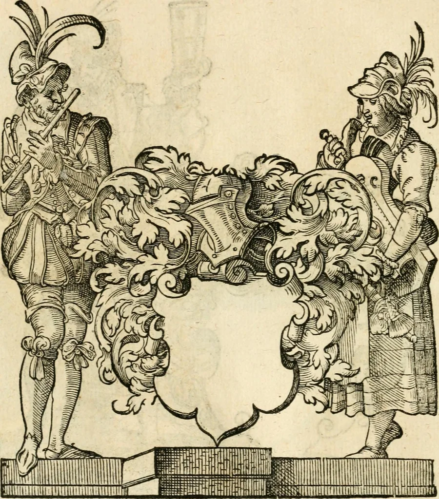 An illustration from Kunstbüchlin : Darinnen neben Fürbildung vieler, geistlicher vnnd weltlicher, hohes vnd niderstands Personen, so dann auch der Türkischen Käyser derselben obersten allerhandt kunstreiche Stück vnnd Figuren : auch die sieben Planeten, zehen alter Rittmeister vnnd Befelchshaber, Reutern vnd Contrafactur der Pferde, allerlen Thurnier, Fechten vnd dann erliche Helm vnd Helmdecken begriffen : Alles auff das zierlicht vnd künstlichst gerissen, 1599, leaf 301