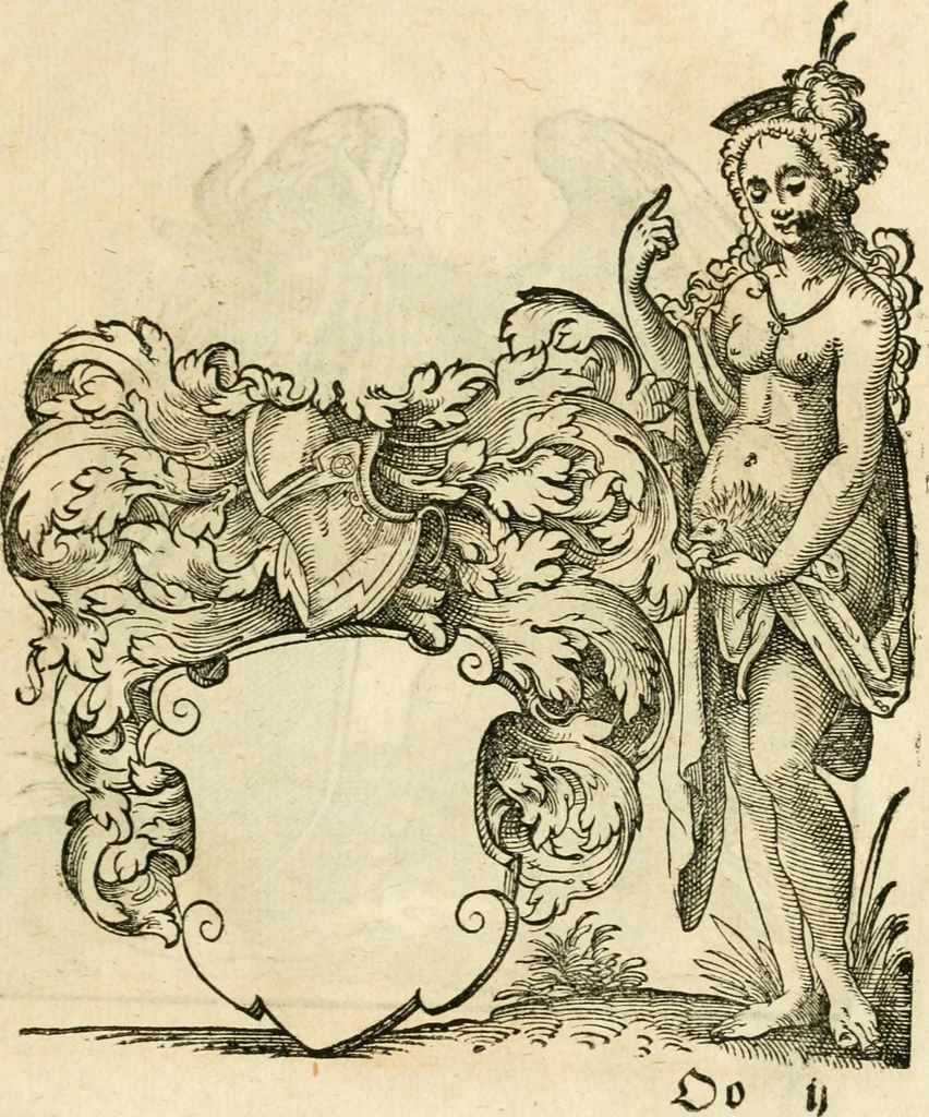 An illustration from Kunstbüchlin : Darinnen neben Fürbildung vieler, geistlicher vnnd weltlicher, hohes vnd niderstands Personen, so dann auch der Türkischen Käyser derselben obersten allerhandt kunstreiche Stück vnnd Figuren : auch die sieben Planeten, zehen alter Rittmeister vnnd Befelchshaber, Reutern vnd Contrafactur der Pferde, allerlen Thurnier, Fechten vnd dann erliche Helm vnd Helmdecken begriffen : Alles auff das zierlicht vnd künstlichst gerissen, 1599, leaf 302