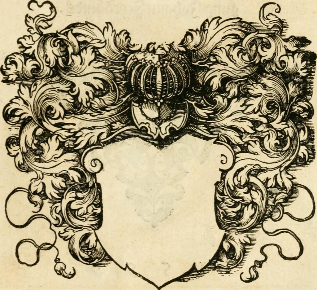 An illustration from Kunstbüchlin : Darinnen neben Fürbildung vieler, geistlicher vnnd weltlicher, hohes vnd niderstands Personen, so dann auch der Türkischen Käyser derselben obersten allerhandt kunstreiche Stück vnnd Figuren : auch die sieben Planeten, zehen alter Rittmeister vnnd Befelchshaber, Reutern vnd Contrafactur der Pferde, allerlen Thurnier, Fechten vnd dann erliche Helm vnd Helmdecken begriffen : Alles auff das zierlicht vnd künstlichst gerissen, 1599, leaf 304