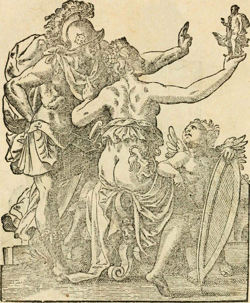 An illustration from Kunstbüchlin : Darinnen neben Fürbildung vieler, geistlicher vnnd weltlicher, hohes vnd niderstands Personen, so dann auch der Türkischen Käyser derselben obersten allerhandt kunstreiche Stück vnnd Figuren : auch die sieben Planeten, zehen alter Rittmeister vnnd Befelchshaber, Reutern vnd Contrafactur der Pferde, allerlen Thurnier, Fechten vnd dann erliche Helm vnd Helmdecken begriffen : Alles auff das zierlicht vnd künstlichst gerissen, 1599, leaf 31