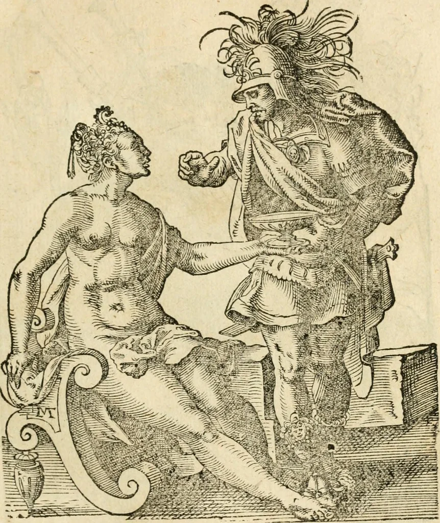 An illustration from Kunstbüchlin : Darinnen neben Fürbildung vieler, geistlicher vnnd weltlicher, hohes vnd niderstands Personen, so dann auch der Türkischen Käyser derselben obersten allerhandt kunstreiche Stück vnnd Figuren : auch die sieben Planeten, zehen alter Rittmeister vnnd Befelchshaber, Reutern vnd Contrafactur der Pferde, allerlen Thurnier, Fechten vnd dann erliche Helm vnd Helmdecken begriffen : Alles auff das zierlicht vnd künstlichst gerissen, 1599, leaf 32
