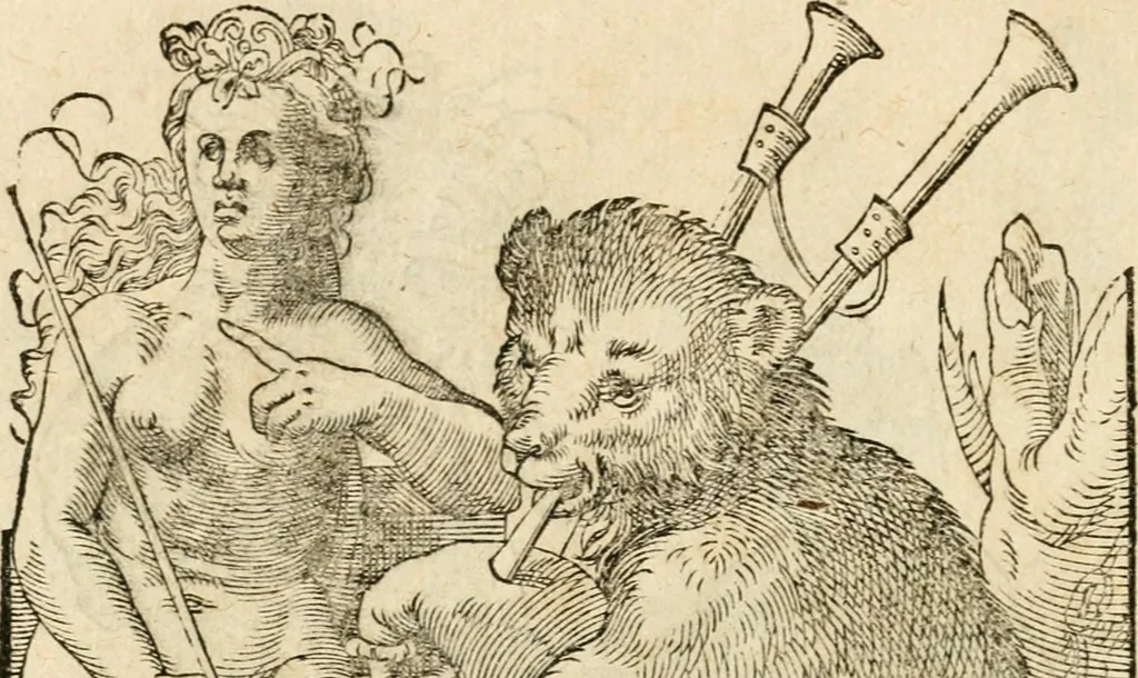 An illustration from Kunstbüchlin : Darinnen neben Fürbildung vieler, geistlicher vnnd weltlicher, hohes vnd niderstands Personen, so dann auch der Türkischen Käyser derselben obersten allerhandt kunstreiche Stück vnnd Figuren : auch die sieben Planeten, zehen alter Rittmeister vnnd Befelchshaber, Reutern vnd Contrafactur der Pferde, allerlen Thurnier, Fechten vnd dann erliche Helm vnd Helmdecken begriffen : Alles auff das zierlicht vnd künstlichst gerissen, 1599, leaf 33