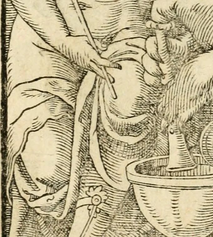 An illustration from Kunstbüchlin : Darinnen neben Fürbildung vieler, geistlicher vnnd weltlicher, hohes vnd niderstands Personen, so dann auch der Türkischen Käyser derselben obersten allerhandt kunstreiche Stück vnnd Figuren : auch die sieben Planeten, zehen alter Rittmeister vnnd Befelchshaber, Reutern vnd Contrafactur der Pferde, allerlen Thurnier, Fechten vnd dann erliche Helm vnd Helmdecken begriffen : Alles auff das zierlicht vnd künstlichst gerissen, 1599, leaf 33