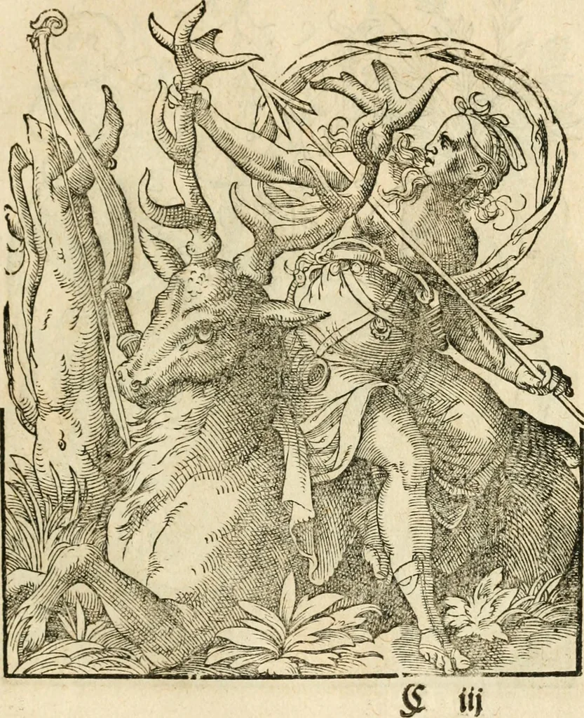 An illustration from Kunstbüchlin : Darinnen neben Fürbildung vieler, geistlicher vnnd weltlicher, hohes vnd niderstands Personen, so dann auch der Türkischen Käyser derselben obersten allerhandt kunstreiche Stück vnnd Figuren : auch die sieben Planeten, zehen alter Rittmeister vnnd Befelchshaber, Reutern vnd Contrafactur der Pferde, allerlen Thurnier, Fechten vnd dann erliche Helm vnd Helmdecken begriffen : Alles auff das zierlicht vnd künstlichst gerissen, 1599, leaf 34