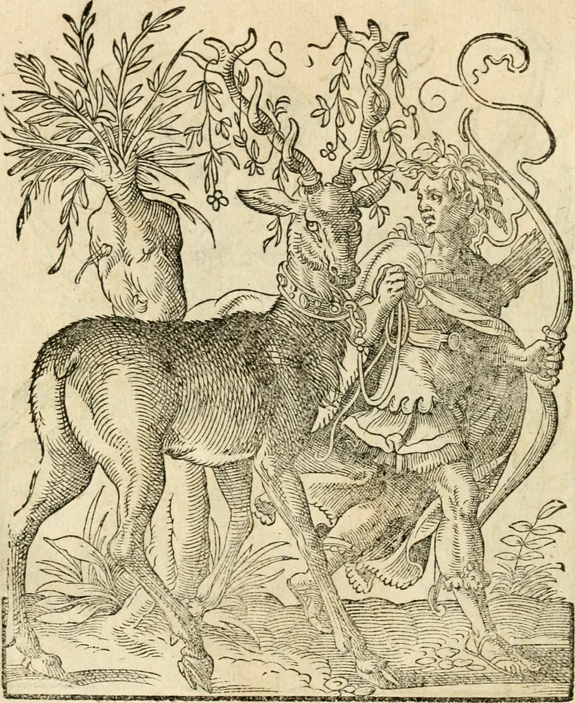 An illustration from Kunstbüchlin : Darinnen neben Fürbildung vieler, geistlicher vnnd weltlicher, hohes vnd niderstands Personen, so dann auch der Türkischen Käyser derselben obersten allerhandt kunstreiche Stück vnnd Figuren : auch die sieben Planeten, zehen alter Rittmeister vnnd Befelchshaber, Reutern vnd Contrafactur der Pferde, allerlen Thurnier, Fechten vnd dann erliche Helm vnd Helmdecken begriffen : Alles auff das zierlicht vnd künstlichst gerissen, 1599, leaf 35