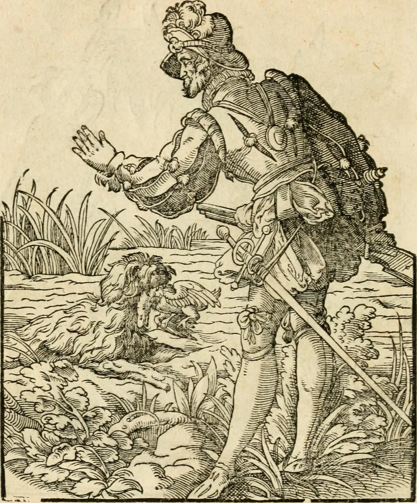 An illustration from Kunstbüchlin : Darinnen neben Fürbildung vieler, geistlicher vnnd weltlicher, hohes vnd niderstands Personen, so dann auch der Türkischen Käyser derselben obersten allerhandt kunstreiche Stück vnnd Figuren : auch die sieben Planeten, zehen alter Rittmeister vnnd Befelchshaber, Reutern vnd Contrafactur der Pferde, allerlen Thurnier, Fechten vnd dann erliche Helm vnd Helmdecken begriffen : Alles auff das zierlicht vnd künstlichst gerissen, 1599, leaf 37
