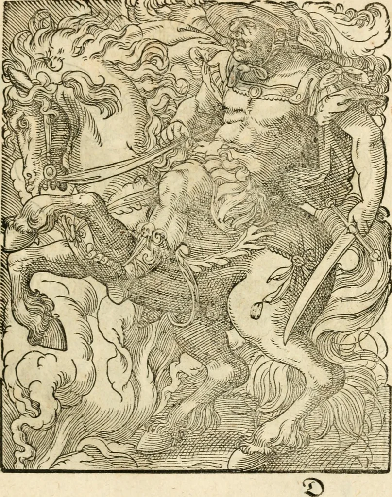 An illustration from Kunstbüchlin : Darinnen neben Fürbildung vieler, geistlicher vnnd weltlicher, hohes vnd niderstands Personen, so dann auch der Türkischen Käyser derselben obersten allerhandt kunstreiche Stück vnnd Figuren : auch die sieben Planeten, zehen alter Rittmeister vnnd Befelchshaber, Reutern vnd Contrafactur der Pferde, allerlen Thurnier, Fechten vnd dann erliche Helm vnd Helmdecken begriffen : Alles auff das zierlicht vnd künstlichst gerissen, 1599, leaf 38