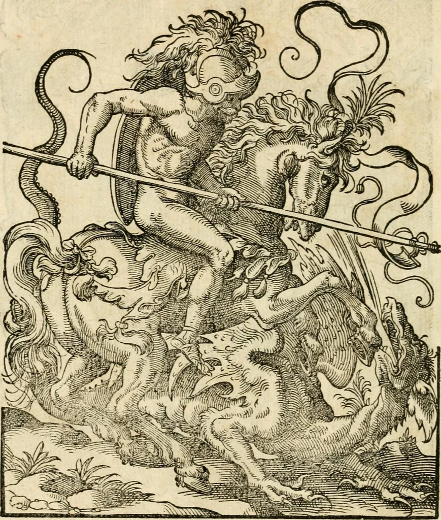 An illustration from Kunstbüchlin : Darinnen neben Fürbildung vieler, geistlicher vnnd weltlicher, hohes vnd niderstands Personen, so dann auch der Türkischen Käyser derselben obersten allerhandt kunstreiche Stück vnnd Figuren : auch die sieben Planeten, zehen alter Rittmeister vnnd Befelchshaber, Reutern vnd Contrafactur der Pferde, allerlen Thurnier, Fechten vnd dann erliche Helm vnd Helmdecken begriffen : Alles auff das zierlicht vnd künstlichst gerissen, 1599, leaf 39
