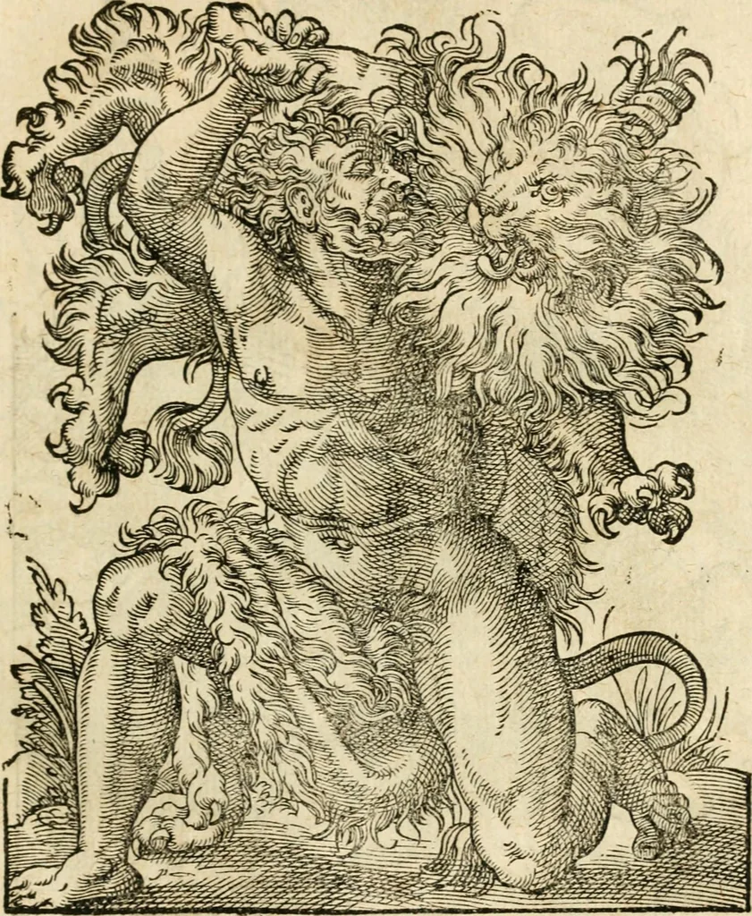 An illustration from Kunstbüchlin : Darinnen neben Fürbildung vieler, geistlicher vnnd weltlicher, hohes vnd niderstands Personen, so dann auch der Türkischen Käyser derselben obersten allerhandt kunstreiche Stück vnnd Figuren : auch die sieben Planeten, zehen alter Rittmeister vnnd Befelchshaber, Reutern vnd Contrafactur der Pferde, allerlen Thurnier, Fechten vnd dann erliche Helm vnd Helmdecken begriffen : Alles auff das zierlicht vnd künstlichst gerissen, 1599, leaf 40