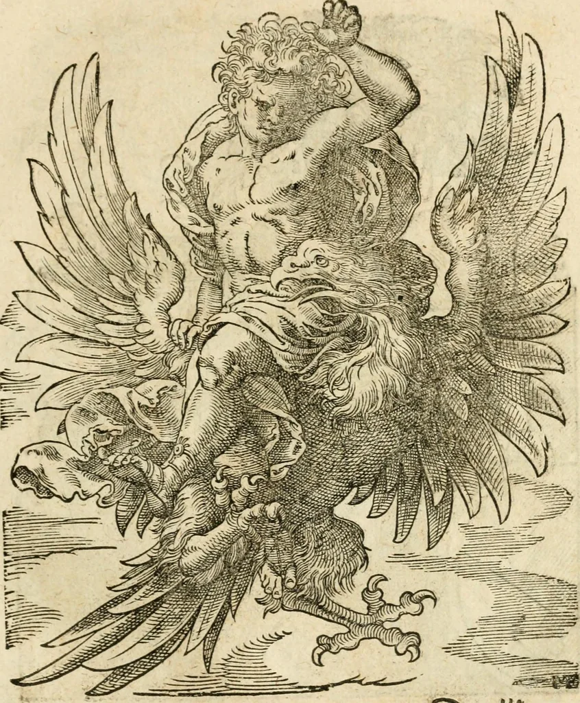 An illustration from Kunstbüchlin : Darinnen neben Fürbildung vieler, geistlicher vnnd weltlicher, hohes vnd niderstands Personen, so dann auch der Türkischen Käyser derselben obersten allerhandt kunstreiche Stück vnnd Figuren : auch die sieben Planeten, zehen alter Rittmeister vnnd Befelchshaber, Reutern vnd Contrafactur der Pferde, allerlen Thurnier, Fechten vnd dann erliche Helm vnd Helmdecken begriffen : Alles auff das zierlicht vnd künstlichst gerissen, 1599, leaf 42