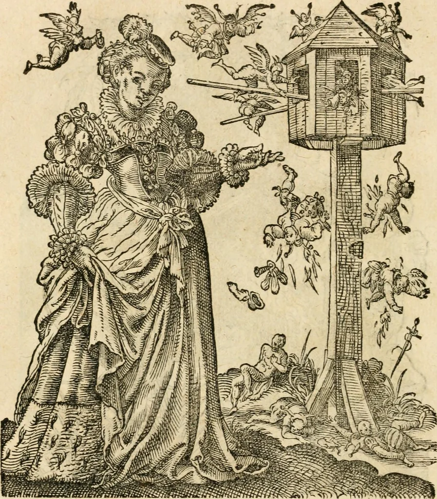 An illustration from Kunstbüchlin : Darinnen neben Fürbildung vieler, geistlicher vnnd weltlicher, hohes vnd niderstands Personen, so dann auch der Türkischen Käyser derselben obersten allerhandt kunstreiche Stück vnnd Figuren : auch die sieben Planeten, zehen alter Rittmeister vnnd Befelchshaber, Reutern vnd Contrafactur der Pferde, allerlen Thurnier, Fechten vnd dann erliche Helm vnd Helmdecken begriffen : Alles auff das zierlicht vnd künstlichst gerissen, 1599, leaf 45