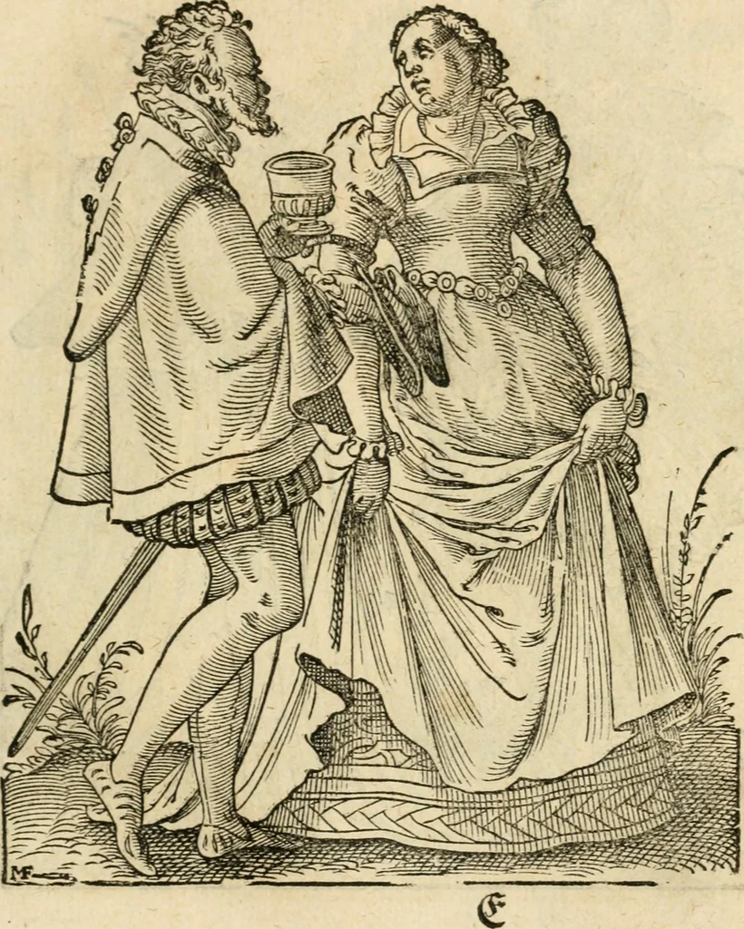 An illustration from Kunstbüchlin : Darinnen neben Fürbildung vieler, geistlicher vnnd weltlicher, hohes vnd niderstands Personen, so dann auch der Türkischen Käyser derselben obersten allerhandt kunstreiche Stück vnnd Figuren : auch die sieben Planeten, zehen alter Rittmeister vnnd Befelchshaber, Reutern vnd Contrafactur der Pferde, allerlen Thurnier, Fechten vnd dann erliche Helm vnd Helmdecken begriffen : Alles auff das zierlicht vnd künstlichst gerissen, 1599, leaf 46