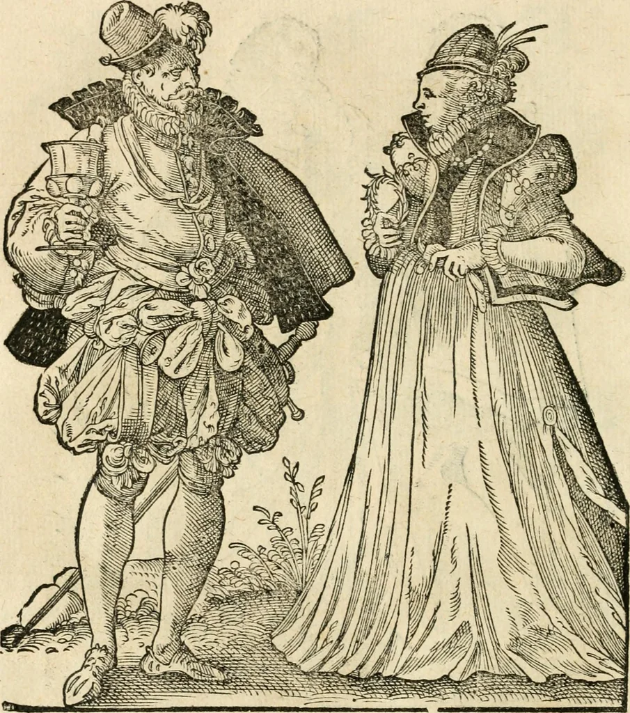 An illustration from Kunstbüchlin : Darinnen neben Fürbildung vieler, geistlicher vnnd weltlicher, hohes vnd niderstands Personen, so dann auch der Türkischen Käyser derselben obersten allerhandt kunstreiche Stück vnnd Figuren : auch die sieben Planeten, zehen alter Rittmeister vnnd Befelchshaber, Reutern vnd Contrafactur der Pferde, allerlen Thurnier, Fechten vnd dann erliche Helm vnd Helmdecken begriffen : Alles auff das zierlicht vnd künstlichst gerissen, 1599, leaf 47