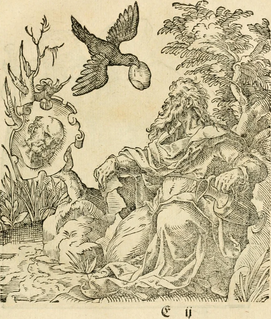 An illustration from Kunstbüchlin : Darinnen neben Fürbildung vieler, geistlicher vnnd weltlicher, hohes vnd niderstands Personen, so dann auch der Türkischen Käyser derselben obersten allerhandt kunstreiche Stück vnnd Figuren : auch die sieben Planeten, zehen alter Rittmeister vnnd Befelchshaber, Reutern vnd Contrafactur der Pferde, allerlen Thurnier, Fechten vnd dann erliche Helm vnd Helmdecken begriffen : Alles auff das zierlicht vnd künstlichst gerissen, 1599, leaf 48