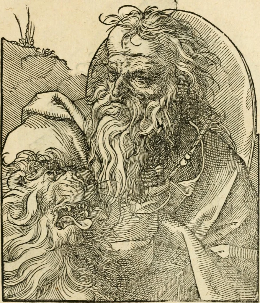An illustration from Kunstbüchlin : Darinnen neben Fürbildung vieler, geistlicher vnnd weltlicher, hohes vnd niderstands Personen, so dann auch der Türkischen Käyser derselben obersten allerhandt kunstreiche Stück vnnd Figuren : auch die sieben Planeten, zehen alter Rittmeister vnnd Befelchshaber, Reutern vnd Contrafactur der Pferde, allerlen Thurnier, Fechten vnd dann erliche Helm vnd Helmdecken begriffen : Alles auff das zierlicht vnd künstlichst gerissen, 1599, leaf 50