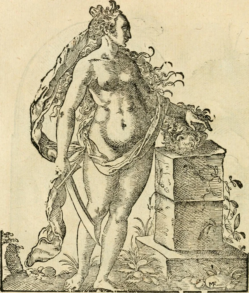 An illustration from Kunstbüchlin : Darinnen neben Fürbildung vieler, geistlicher vnnd weltlicher, hohes vnd niderstands Personen, so dann auch der Türkischen Käyser derselben obersten allerhandt kunstreiche Stück vnnd Figuren : auch die sieben Planeten, zehen alter Rittmeister vnnd Befelchshaber, Reutern vnd Contrafactur der Pferde, allerlen Thurnier, Fechten vnd dann erliche Helm vnd Helmdecken begriffen : Alles auff das zierlicht vnd künstlichst gerissen, 1599, leaf 51