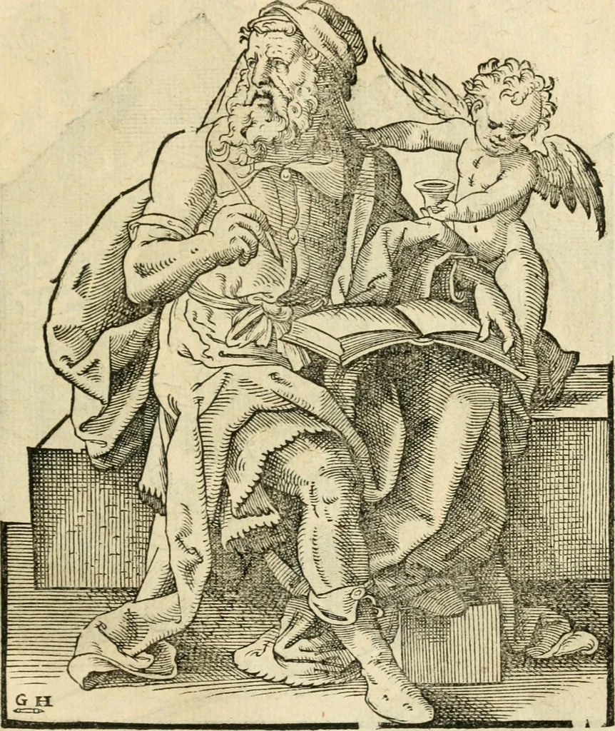 An illustration from Kunstbüchlin : Darinnen neben Fürbildung vieler, geistlicher vnnd weltlicher, hohes vnd niderstands Personen, so dann auch der Türkischen Käyser derselben obersten allerhandt kunstreiche Stück vnnd Figuren : auch die sieben Planeten, zehen alter Rittmeister vnnd Befelchshaber, Reutern vnd Contrafactur der Pferde, allerlen Thurnier, Fechten vnd dann erliche Helm vnd Helmdecken begriffen : Alles auff das zierlicht vnd künstlichst gerissen, 1599, leaf 52