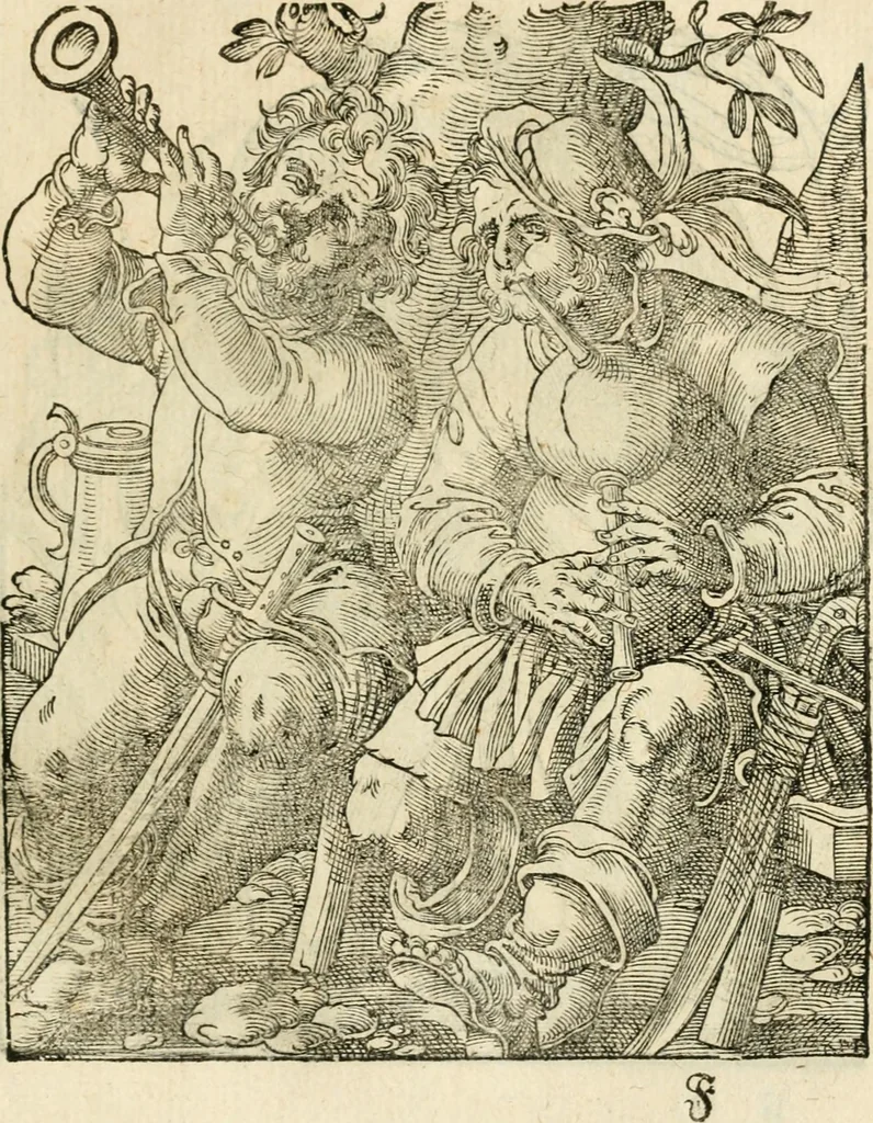 An illustration from Kunstbüchlin : Darinnen neben Fürbildung vieler, geistlicher vnnd weltlicher, hohes vnd niderstands Personen, so dann auch der Türkischen Käyser derselben obersten allerhandt kunstreiche Stück vnnd Figuren : auch die sieben Planeten, zehen alter Rittmeister vnnd Befelchshaber, Reutern vnd Contrafactur der Pferde, allerlen Thurnier, Fechten vnd dann erliche Helm vnd Helmdecken begriffen : Alles auff das zierlicht vnd künstlichst gerissen, 1599, leaf 54