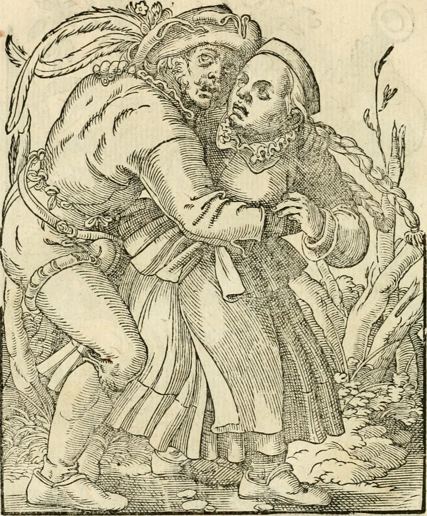 An illustration from Kunstbüchlin : Darinnen neben Fürbildung vieler, geistlicher vnnd weltlicher, hohes vnd niderstands Personen, so dann auch der Türkischen Käyser derselben obersten allerhandt kunstreiche Stück vnnd Figuren : auch die sieben Planeten, zehen alter Rittmeister vnnd Befelchshaber, Reutern vnd Contrafactur der Pferde, allerlen Thurnier, Fechten vnd dann erliche Helm vnd Helmdecken begriffen : Alles auff das zierlicht vnd künstlichst gerissen, 1599, leaf 55