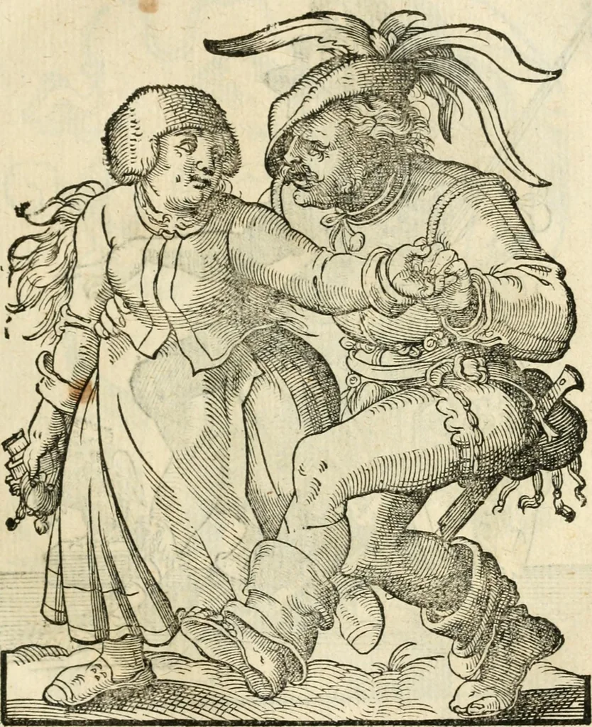 An illustration from Kunstbüchlin : Darinnen neben Fürbildung vieler, geistlicher vnnd weltlicher, hohes vnd niderstands Personen, so dann auch der Türkischen Käyser derselben obersten allerhandt kunstreiche Stück vnnd Figuren : auch die sieben Planeten, zehen alter Rittmeister vnnd Befelchshaber, Reutern vnd Contrafactur der Pferde, allerlen Thurnier, Fechten vnd dann erliche Helm vnd Helmdecken begriffen : Alles auff das zierlicht vnd künstlichst gerissen, 1599, leaf 56