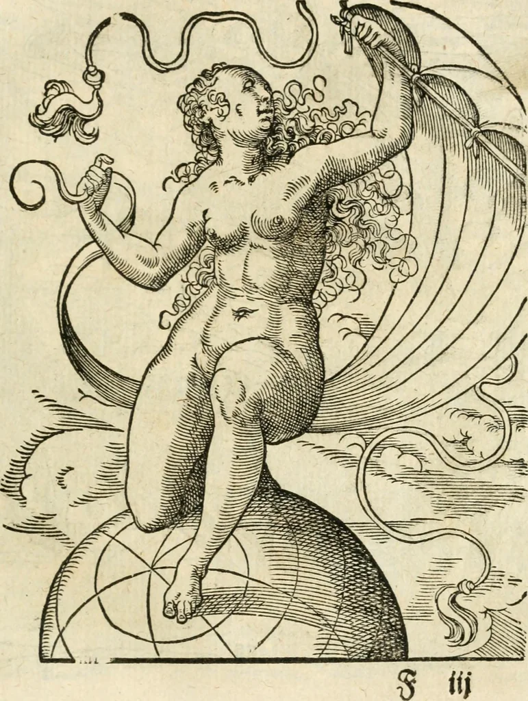 An illustration from Kunstbüchlin : Darinnen neben Fürbildung vieler, geistlicher vnnd weltlicher, hohes vnd niderstands Personen, so dann auch der Türkischen Käyser derselben obersten allerhandt kunstreiche Stück vnnd Figuren : auch die sieben Planeten, zehen alter Rittmeister vnnd Befelchshaber, Reutern vnd Contrafactur der Pferde, allerlen Thurnier, Fechten vnd dann erliche Helm vnd Helmdecken begriffen : Alles auff das zierlicht vnd künstlichst gerissen, 1599, leaf 58