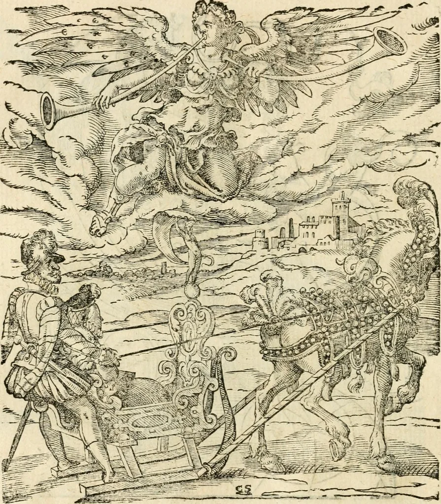 An illustration from Kunstbüchlin : Darinnen neben Fürbildung vieler, geistlicher vnnd weltlicher, hohes vnd niderstands Personen, so dann auch der Türkischen Käyser derselben obersten allerhandt kunstreiche Stück vnnd Figuren : auch die sieben Planeten, zehen alter Rittmeister vnnd Befelchshaber, Reutern vnd Contrafactur der Pferde, allerlen Thurnier, Fechten vnd dann erliche Helm vnd Helmdecken begriffen : Alles auff das zierlicht vnd künstlichst gerissen, 1599, leaf 59