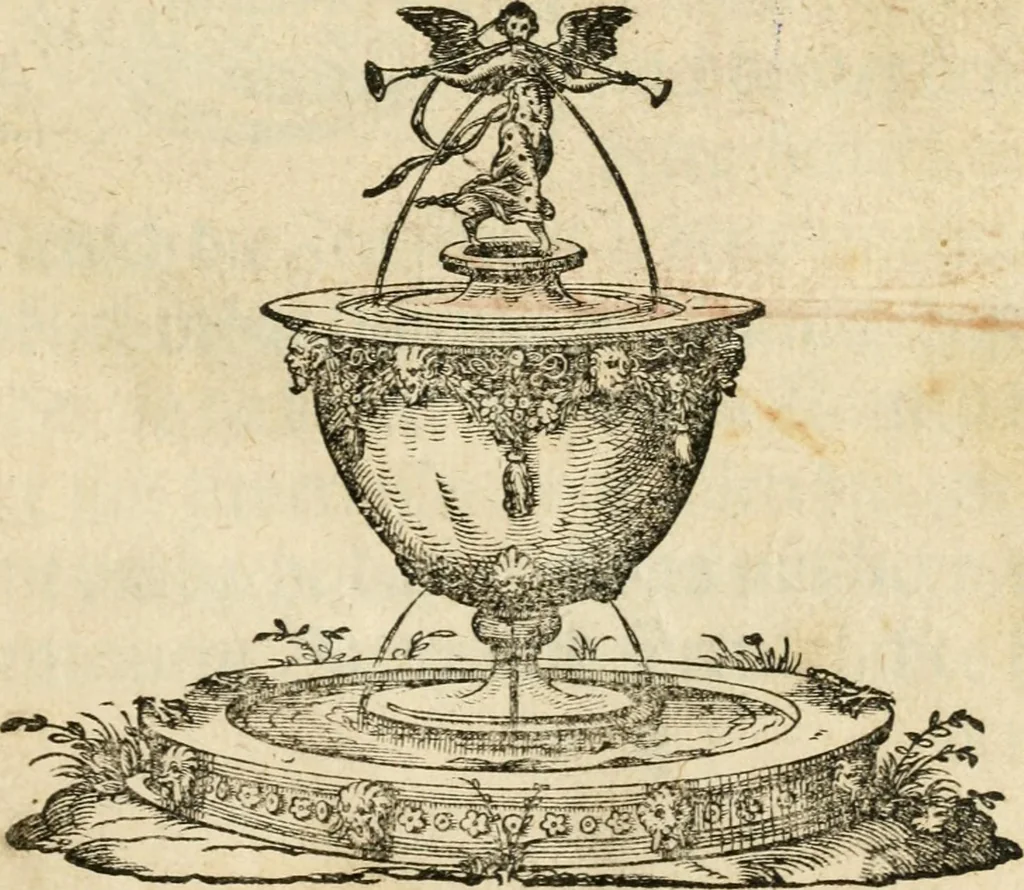 An illustration from Kunstbüchlin : Darinnen neben Fürbildung vieler, geistlicher vnnd weltlicher, hohes vnd niderstands Personen, so dann auch der Türkischen Käyser derselben obersten allerhandt kunstreiche Stück vnnd Figuren : auch die sieben Planeten, zehen alter Rittmeister vnnd Befelchshaber, Reutern vnd Contrafactur der Pferde, allerlen Thurnier, Fechten vnd dann erliche Helm vnd Helmdecken begriffen : Alles auff das zierlicht vnd künstlichst gerissen, 1599, leaf 6