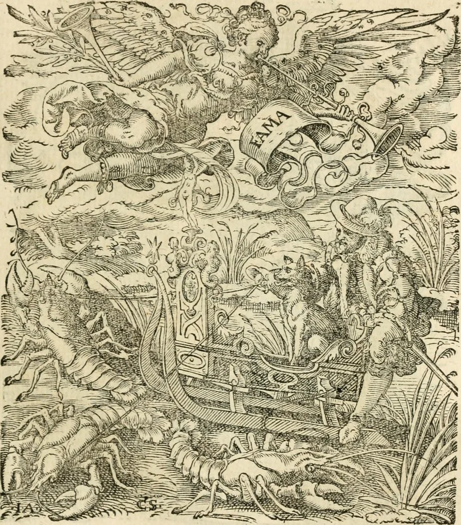 An illustration from Kunstbüchlin : Darinnen neben Fürbildung vieler, geistlicher vnnd weltlicher, hohes vnd niderstands Personen, so dann auch der Türkischen Käyser derselben obersten allerhandt kunstreiche Stück vnnd Figuren : auch die sieben Planeten, zehen alter Rittmeister vnnd Befelchshaber, Reutern vnd Contrafactur der Pferde, allerlen Thurnier, Fechten vnd dann erliche Helm vnd Helmdecken begriffen : Alles auff das zierlicht vnd künstlichst gerissen, 1599, leaf 60