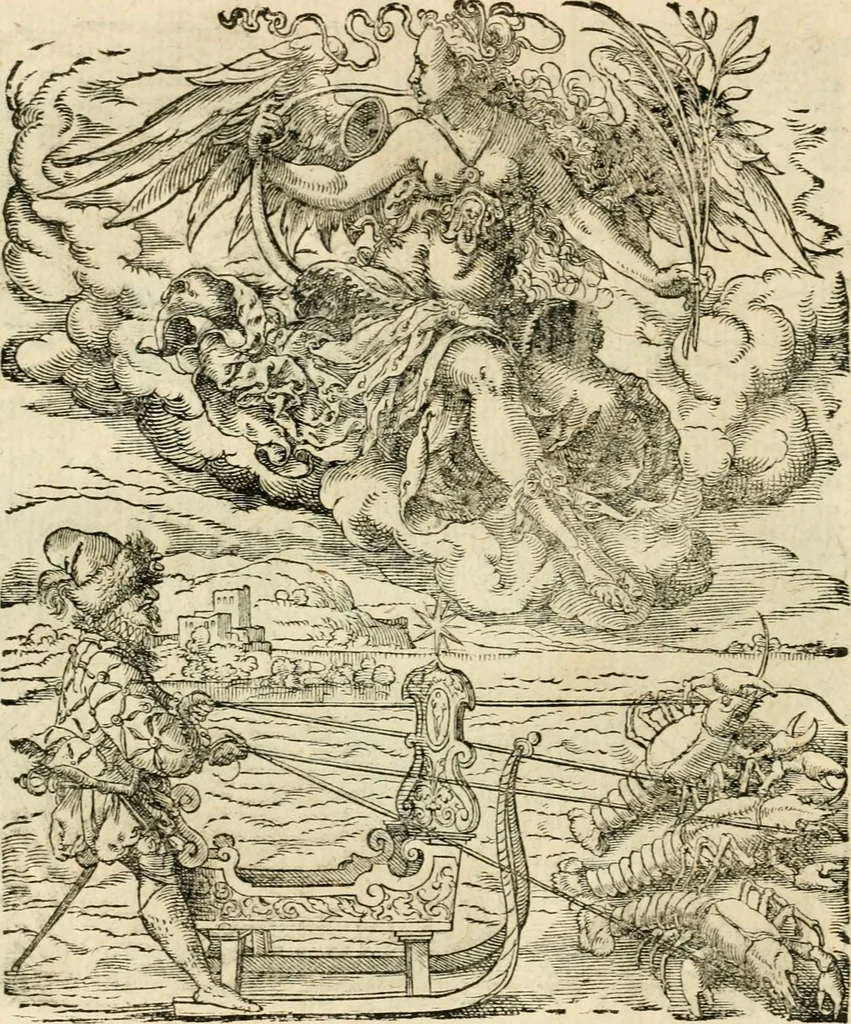 An illustration from Kunstbüchlin : Darinnen neben Fürbildung vieler, geistlicher vnnd weltlicher, hohes vnd niderstands Personen, so dann auch der Türkischen Käyser derselben obersten allerhandt kunstreiche Stück vnnd Figuren : auch die sieben Planeten, zehen alter Rittmeister vnnd Befelchshaber, Reutern vnd Contrafactur der Pferde, allerlen Thurnier, Fechten vnd dann erliche Helm vnd Helmdecken begriffen : Alles auff das zierlicht vnd künstlichst gerissen, 1599, leaf 61