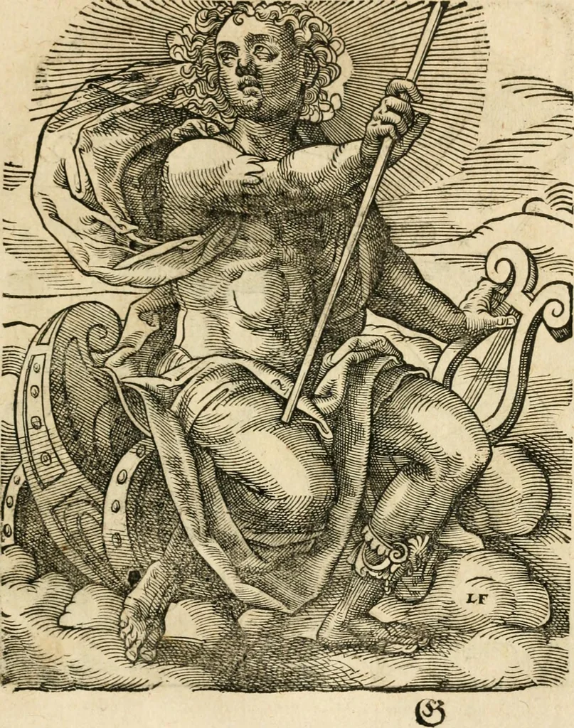 An illustration from Kunstbüchlin : Darinnen neben Fürbildung vieler, geistlicher vnnd weltlicher, hohes vnd niderstands Personen, so dann auch der Türkischen Käyser derselben obersten allerhandt kunstreiche Stück vnnd Figuren : auch die sieben Planeten, zehen alter Rittmeister vnnd Befelchshaber, Reutern vnd Contrafactur der Pferde, allerlen Thurnier, Fechten vnd dann erliche Helm vnd Helmdecken begriffen : Alles auff das zierlicht vnd künstlichst gerissen, 1599, leaf 62