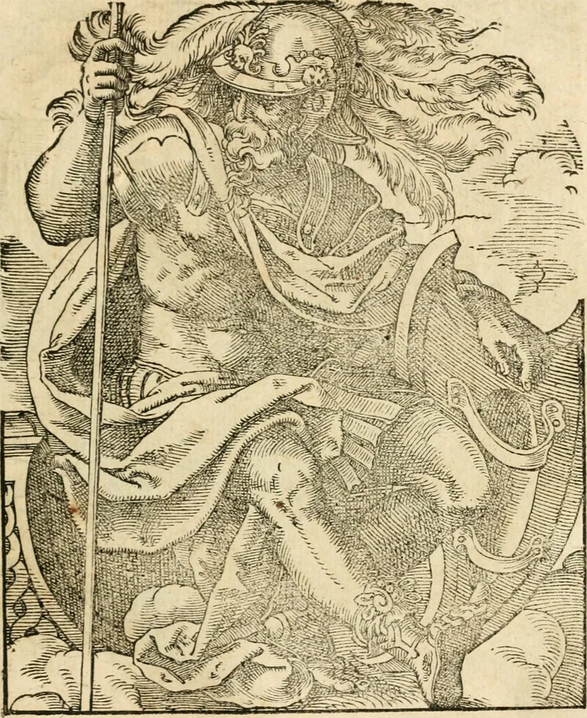 An illustration from Kunstbüchlin : Darinnen neben Fürbildung vieler, geistlicher vnnd weltlicher, hohes vnd niderstands Personen, so dann auch der Türkischen Käyser derselben obersten allerhandt kunstreiche Stück vnnd Figuren : auch die sieben Planeten, zehen alter Rittmeister vnnd Befelchshaber, Reutern vnd Contrafactur der Pferde, allerlen Thurnier, Fechten vnd dann erliche Helm vnd Helmdecken begriffen : Alles auff das zierlicht vnd künstlichst gerissen, 1599, leaf 64