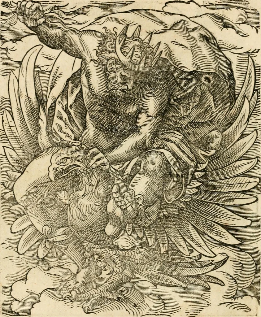 An illustration from Kunstbüchlin : Darinnen neben Fürbildung vieler, geistlicher vnnd weltlicher, hohes vnd niderstands Personen, so dann auch der Türkischen Käyser derselben obersten allerhandt kunstreiche Stück vnnd Figuren : auch die sieben Planeten, zehen alter Rittmeister vnnd Befelchshaber, Reutern vnd Contrafactur der Pferde, allerlen Thurnier, Fechten vnd dann erliche Helm vnd Helmdecken begriffen : Alles auff das zierlicht vnd künstlichst gerissen, 1599, leaf 65