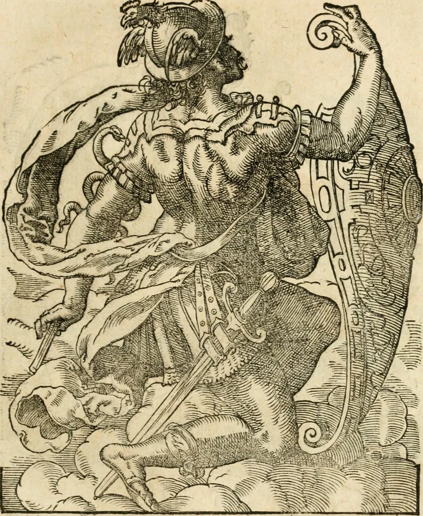 An illustration from Kunstbüchlin : Darinnen neben Fürbildung vieler, geistlicher vnnd weltlicher, hohes vnd niderstands Personen, so dann auch der Türkischen Käyser derselben obersten allerhandt kunstreiche Stück vnnd Figuren : auch die sieben Planeten, zehen alter Rittmeister vnnd Befelchshaber, Reutern vnd Contrafactur der Pferde, allerlen Thurnier, Fechten vnd dann erliche Helm vnd Helmdecken begriffen : Alles auff das zierlicht vnd künstlichst gerissen, 1599, leaf 66