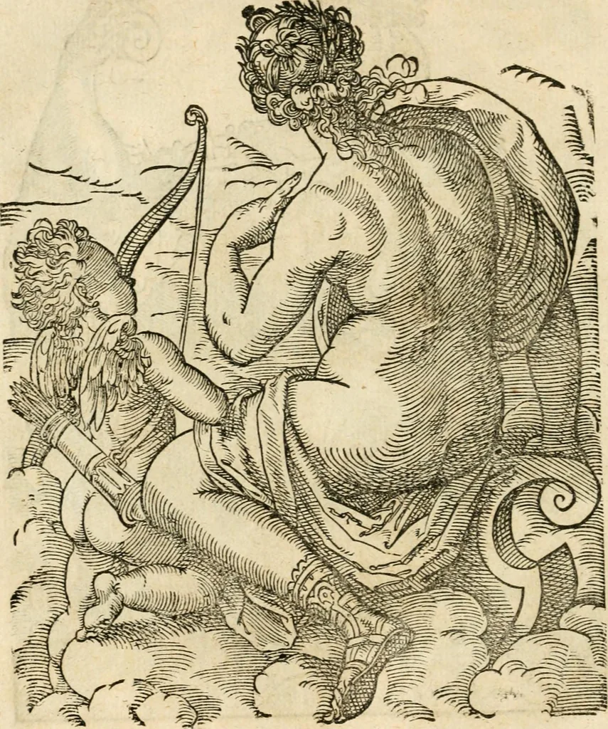 An illustration from Kunstbüchlin : Darinnen neben Fürbildung vieler, geistlicher vnnd weltlicher, hohes vnd niderstands Personen, so dann auch der Türkischen Käyser derselben obersten allerhandt kunstreiche Stück vnnd Figuren : auch die sieben Planeten, zehen alter Rittmeister vnnd Befelchshaber, Reutern vnd Contrafactur der Pferde, allerlen Thurnier, Fechten vnd dann erliche Helm vnd Helmdecken begriffen : Alles auff das zierlicht vnd künstlichst gerissen, 1599, leaf 67