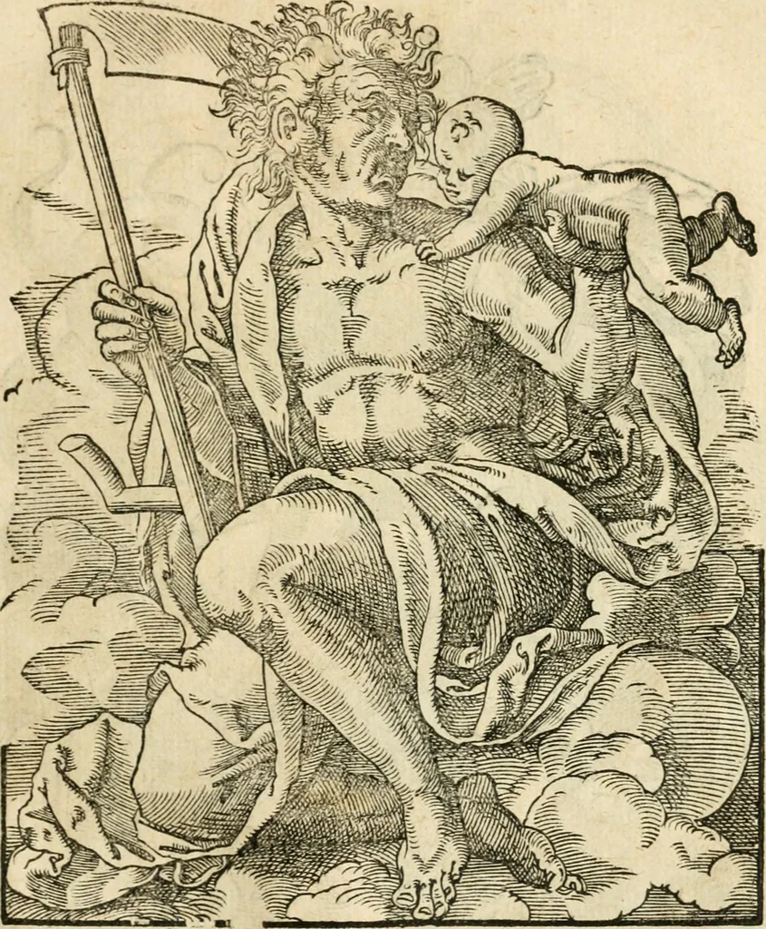An illustration from Kunstbüchlin : Darinnen neben Fürbildung vieler, geistlicher vnnd weltlicher, hohes vnd niderstands Personen, so dann auch der Türkischen Käyser derselben obersten allerhandt kunstreiche Stück vnnd Figuren : auch die sieben Planeten, zehen alter Rittmeister vnnd Befelchshaber, Reutern vnd Contrafactur der Pferde, allerlen Thurnier, Fechten vnd dann erliche Helm vnd Helmdecken begriffen : Alles auff das zierlicht vnd künstlichst gerissen, 1599, leaf 68