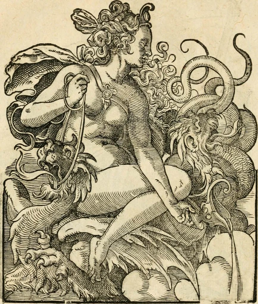 An illustration from Kunstbüchlin : Darinnen neben Fürbildung vieler, geistlicher vnnd weltlicher, hohes vnd niderstands Personen, so dann auch der Türkischen Käyser derselben obersten allerhandt kunstreiche Stück vnnd Figuren : auch die sieben Planeten, zehen alter Rittmeister vnnd Befelchshaber, Reutern vnd Contrafactur der Pferde, allerlen Thurnier, Fechten vnd dann erliche Helm vnd Helmdecken begriffen : Alles auff das zierlicht vnd künstlichst gerissen, 1599, leaf 69