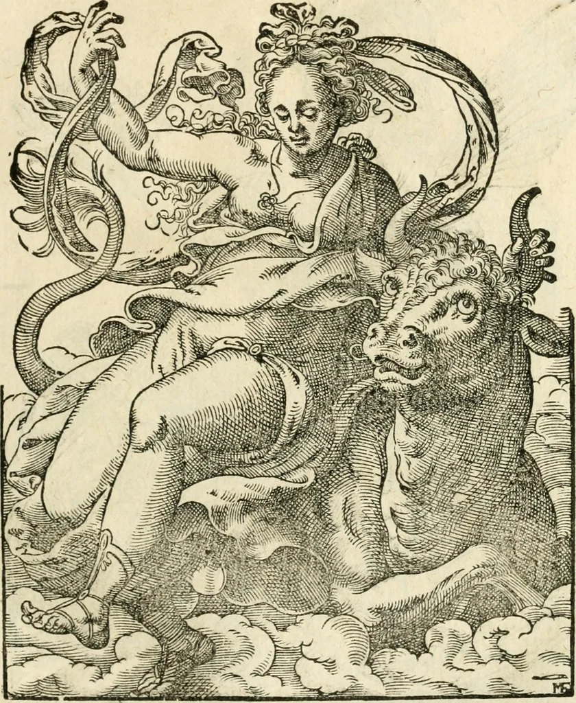 An illustration from Kunstbüchlin : Darinnen neben Fürbildung vieler, geistlicher vnnd weltlicher, hohes vnd niderstands Personen, so dann auch der Türkischen Käyser derselben obersten allerhandt kunstreiche Stück vnnd Figuren : auch die sieben Planeten, zehen alter Rittmeister vnnd Befelchshaber, Reutern vnd Contrafactur der Pferde, allerlen Thurnier, Fechten vnd dann erliche Helm vnd Helmdecken begriffen : Alles auff das zierlicht vnd künstlichst gerissen, 1599, leaf 70
