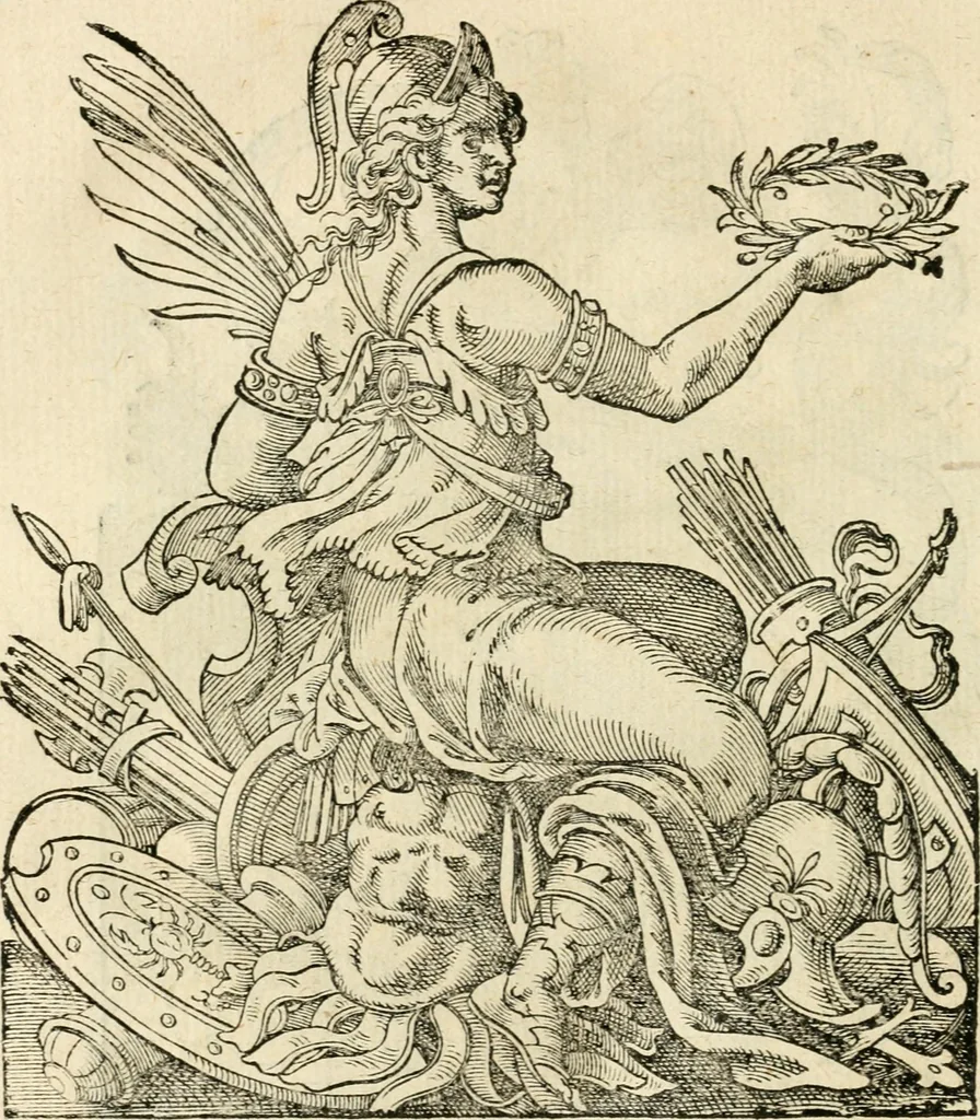 An illustration from Kunstbüchlin : Darinnen neben Fürbildung vieler, geistlicher vnnd weltlicher, hohes vnd niderstands Personen, so dann auch der Türkischen Käyser derselben obersten allerhandt kunstreiche Stück vnnd Figuren : auch die sieben Planeten, zehen alter Rittmeister vnnd Befelchshaber, Reutern vnd Contrafactur der Pferde, allerlen Thurnier, Fechten vnd dann erliche Helm vnd Helmdecken begriffen : Alles auff das zierlicht vnd künstlichst gerissen, 1599, leaf 71