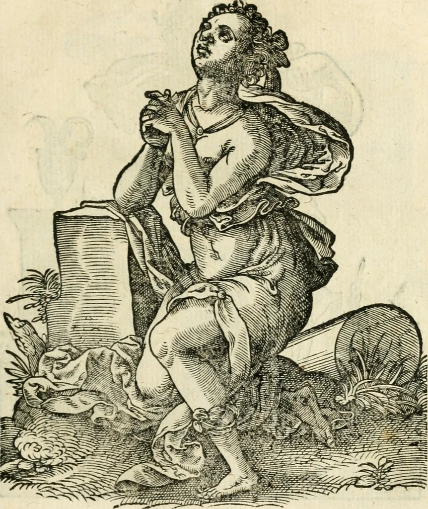 An illustration from Kunstbüchlin : Darinnen neben Fürbildung vieler, geistlicher vnnd weltlicher, hohes vnd niderstands Personen, so dann auch der Türkischen Käyser derselben obersten allerhandt kunstreiche Stück vnnd Figuren : auch die sieben Planeten, zehen alter Rittmeister vnnd Befelchshaber, Reutern vnd Contrafactur der Pferde, allerlen Thurnier, Fechten vnd dann erliche Helm vnd Helmdecken begriffen : Alles auff das zierlicht vnd künstlichst gerissen, 1599, leaf 76