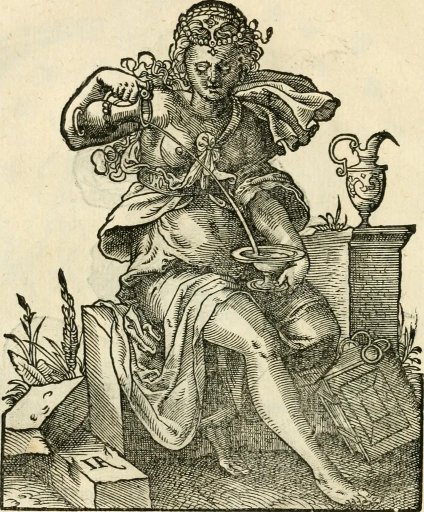 An illustration from Kunstbüchlin : Darinnen neben Fürbildung vieler, geistlicher vnnd weltlicher, hohes vnd niderstands Personen, so dann auch der Türkischen Käyser derselben obersten allerhandt kunstreiche Stück vnnd Figuren : auch die sieben Planeten, zehen alter Rittmeister vnnd Befelchshaber, Reutern vnd Contrafactur der Pferde, allerlen Thurnier, Fechten vnd dann erliche Helm vnd Helmdecken begriffen : Alles auff das zierlicht vnd künstlichst gerissen, 1599, leaf 77