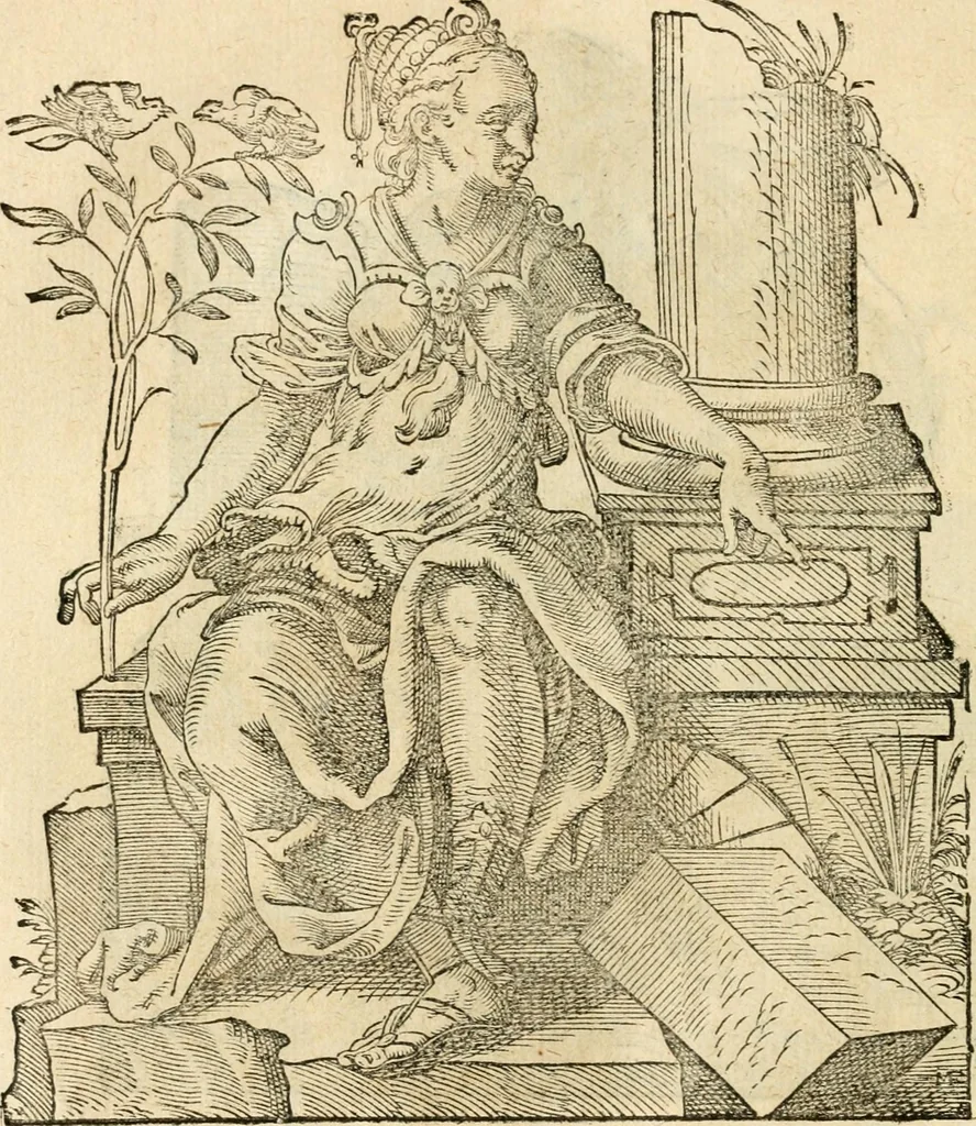 An illustration from Kunstbüchlin : Darinnen neben Fürbildung vieler, geistlicher vnnd weltlicher, hohes vnd niderstands Personen, so dann auch der Türkischen Käyser derselben obersten allerhandt kunstreiche Stück vnnd Figuren : auch die sieben Planeten, zehen alter Rittmeister vnnd Befelchshaber, Reutern vnd Contrafactur der Pferde, allerlen Thurnier, Fechten vnd dann erliche Helm vnd Helmdecken begriffen : Alles auff das zierlicht vnd künstlichst gerissen, 1599, leaf 79