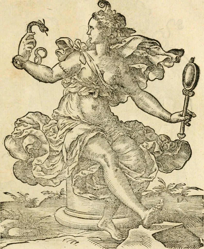 An illustration from Kunstbüchlin : Darinnen neben Fürbildung vieler, geistlicher vnnd weltlicher, hohes vnd niderstands Personen, so dann auch der Türkischen Käyser derselben obersten allerhandt kunstreiche Stück vnnd Figuren : auch die sieben Planeten, zehen alter Rittmeister vnnd Befelchshaber, Reutern vnd Contrafactur der Pferde, allerlen Thurnier, Fechten vnd dann erliche Helm vnd Helmdecken begriffen : Alles auff das zierlicht vnd künstlichst gerissen, 1599, leaf 80