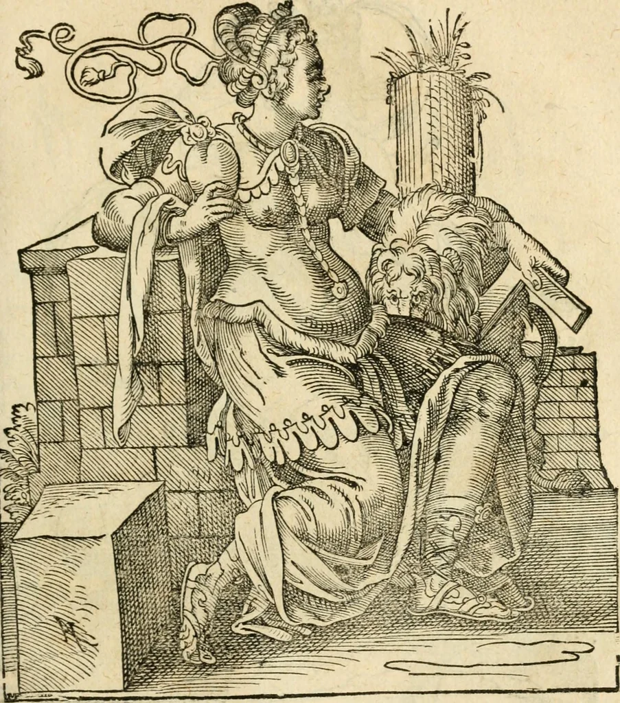 An illustration from Kunstbüchlin : Darinnen neben Fürbildung vieler, geistlicher vnnd weltlicher, hohes vnd niderstands Personen, so dann auch der Türkischen Käyser derselben obersten allerhandt kunstreiche Stück vnnd Figuren : auch die sieben Planeten, zehen alter Rittmeister vnnd Befelchshaber, Reutern vnd Contrafactur der Pferde, allerlen Thurnier, Fechten vnd dann erliche Helm vnd Helmdecken begriffen : Alles auff das zierlicht vnd künstlichst gerissen, 1599, leaf 82