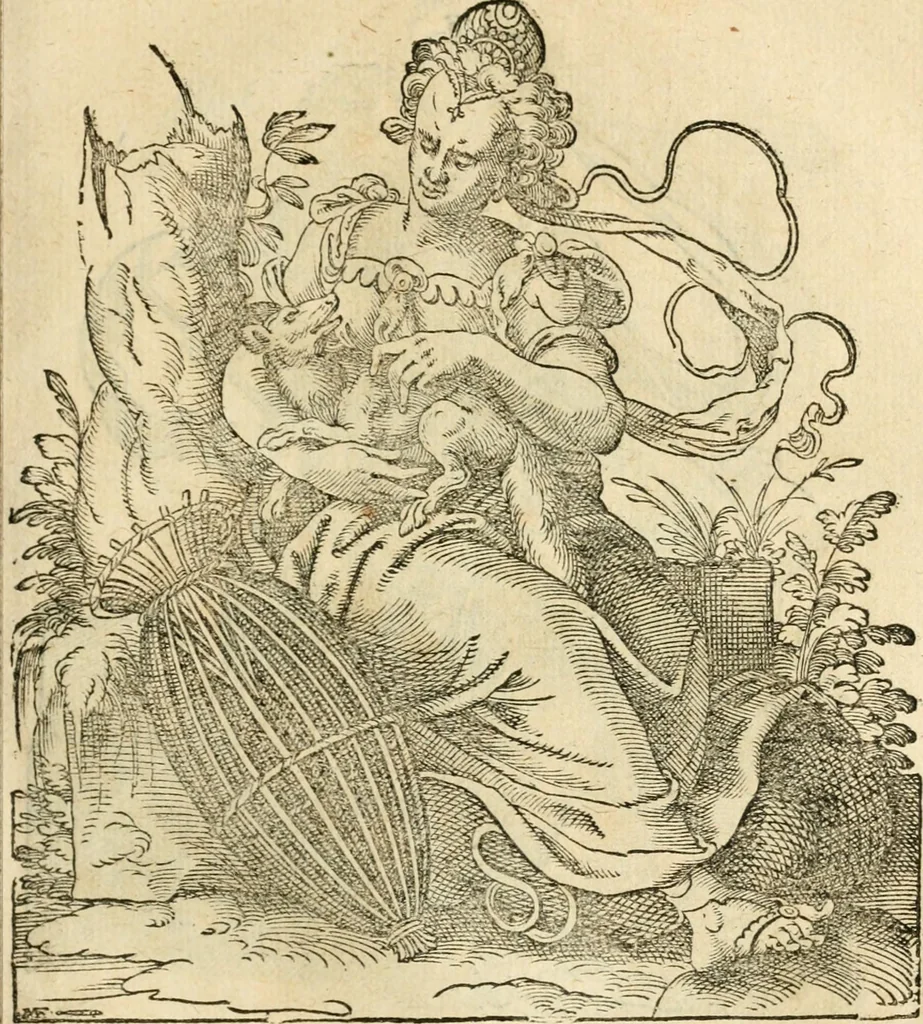 An illustration from Kunstbüchlin : Darinnen neben Fürbildung vieler, geistlicher vnnd weltlicher, hohes vnd niderstands Personen, so dann auch der Türkischen Käyser derselben obersten allerhandt kunstreiche Stück vnnd Figuren : auch die sieben Planeten, zehen alter Rittmeister vnnd Befelchshaber, Reutern vnd Contrafactur der Pferde, allerlen Thurnier, Fechten vnd dann erliche Helm vnd Helmdecken begriffen : Alles auff das zierlicht vnd künstlichst gerissen, 1599, leaf 84