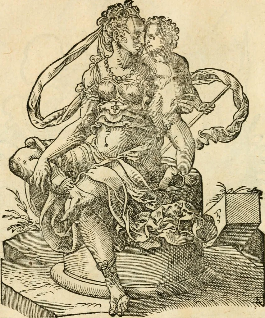An illustration from Kunstbüchlin : Darinnen neben Fürbildung vieler, geistlicher vnnd weltlicher, hohes vnd niderstands Personen, so dann auch der Türkischen Käyser derselben obersten allerhandt kunstreiche Stück vnnd Figuren : auch die sieben Planeten, zehen alter Rittmeister vnnd Befelchshaber, Reutern vnd Contrafactur der Pferde, allerlen Thurnier, Fechten vnd dann erliche Helm vnd Helmdecken begriffen : Alles auff das zierlicht vnd künstlichst gerissen, 1599, leaf 85