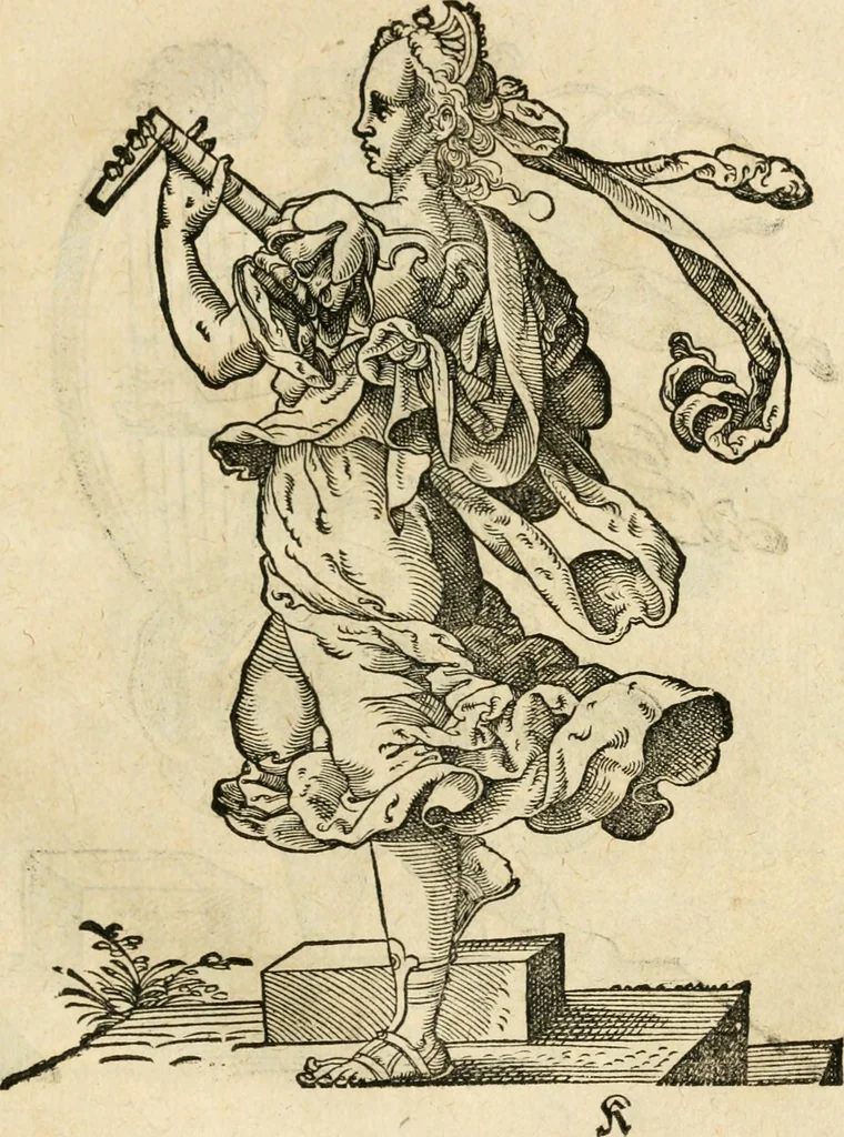 An illustration from Kunstbüchlin : Darinnen neben Fürbildung vieler, geistlicher vnnd weltlicher, hohes vnd niderstands Personen, so dann auch der Türkischen Käyser derselben obersten allerhandt kunstreiche Stück vnnd Figuren : auch die sieben Planeten, zehen alter Rittmeister vnnd Befelchshaber, Reutern vnd Contrafactur der Pferde, allerlen Thurnier, Fechten vnd dann erliche Helm vnd Helmdecken begriffen : Alles auff das zierlicht vnd künstlichst gerissen, 1599, leaf 86