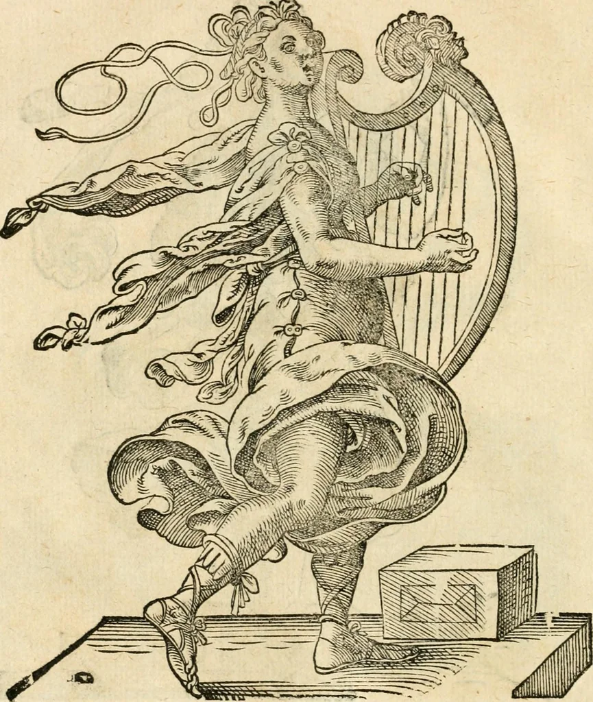 An illustration from Kunstbüchlin : Darinnen neben Fürbildung vieler, geistlicher vnnd weltlicher, hohes vnd niderstands Personen, so dann auch der Türkischen Käyser derselben obersten allerhandt kunstreiche Stück vnnd Figuren : auch die sieben Planeten, zehen alter Rittmeister vnnd Befelchshaber, Reutern vnd Contrafactur der Pferde, allerlen Thurnier, Fechten vnd dann erliche Helm vnd Helmdecken begriffen : Alles auff das zierlicht vnd künstlichst gerissen, 1599, leaf 87