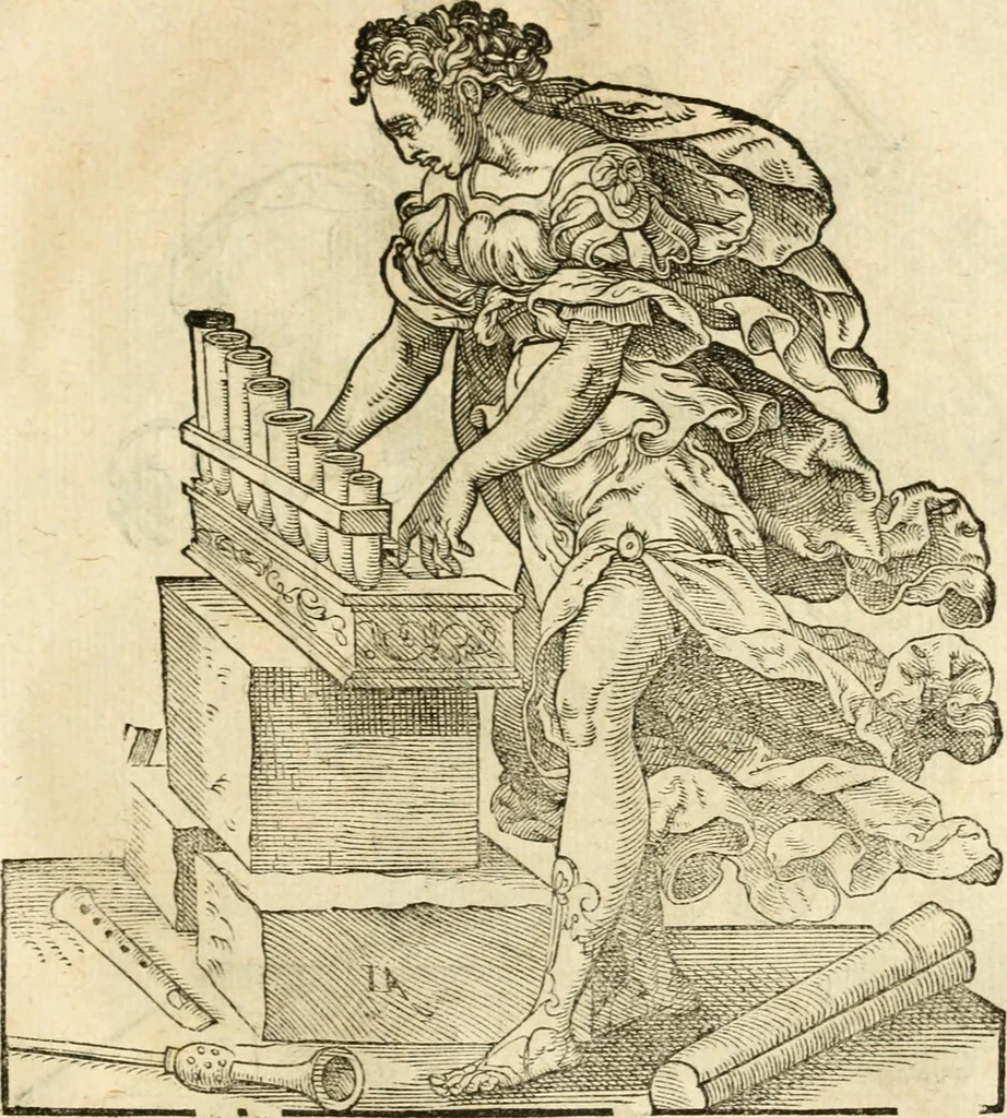 An illustration from Kunstbüchlin : Darinnen neben Fürbildung vieler, geistlicher vnnd weltlicher, hohes vnd niderstands Personen, so dann auch der Türkischen Käyser derselben obersten allerhandt kunstreiche Stück vnnd Figuren : auch die sieben Planeten, zehen alter Rittmeister vnnd Befelchshaber, Reutern vnd Contrafactur der Pferde, allerlen Thurnier, Fechten vnd dann erliche Helm vnd Helmdecken begriffen : Alles auff das zierlicht vnd künstlichst gerissen, 1599, leaf 88